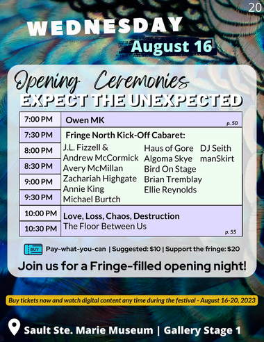Opening Night! Wednesday August 16 2023. The Floor Between Us (opening act), Elector Summer Station (Opening act). BONUS: Each artist or artist group participating in the festival will present teasers giving you a quick glance at their upcoming shows! #FringeNorth2023