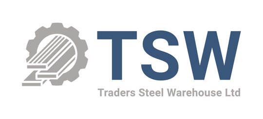 A grey gear with 3 sheets of steel emerging from the center. The letters T S W are all in blue font and capitalized to the right of the gear. Beneath these letters grey font reads Traders Steel Warehouse Ltd. 